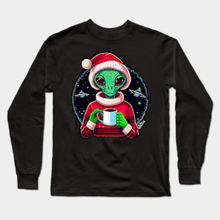 Christmas Funny Alien Drinking Coffee Wearing Sweater Long Sleeve T-Shirt